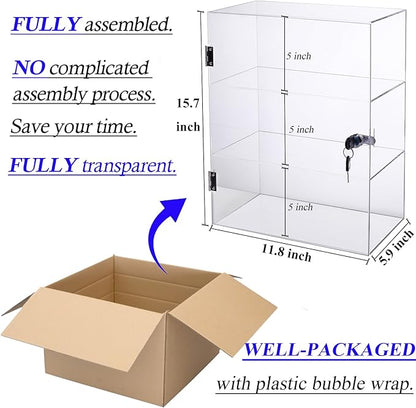 DuvinDD Acrylic Display Case with Lock, Countertop Locking Display Cabinet with Shelves and Door, Clear Acrylic Storage Cabinet Collectibles Showcase, Safe Organizer for Home Office 11.8x5.9x15.7inch