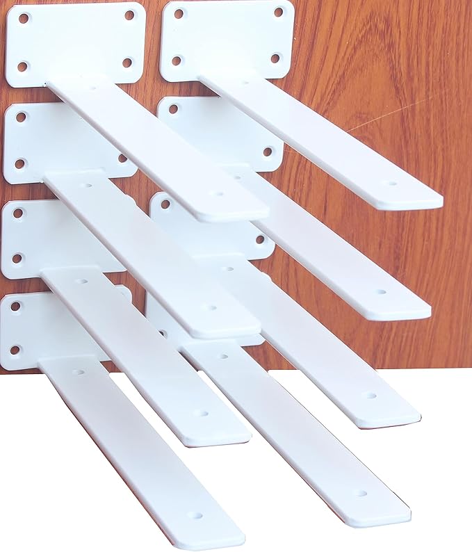 8 Pack - 8 inch White Hidden L Shelf Bracket (1/5 Inch Thicked) Iron Floating Shelf Brackets Rustic Industrial Metal Brackets for Shelf Support