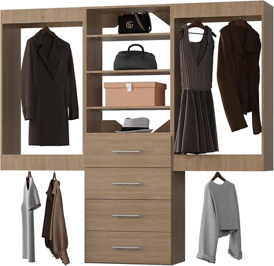 Modular Closet System, 90" Wide Closet Organizer System with Hanging and Drawers, Wood Tower Closet Storage for Walk In Closets, Wall Mounted Wardrobe Organizer Kit System, Bedroom, Wood