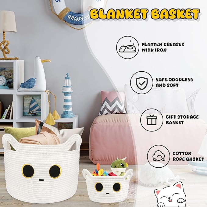 Small Storage Cute White Cat Cotton Rope Woven Basket for Nursery, Blanket Basket Organizer With Ears Toy Storage Bin Box 8.5×4.5 inches