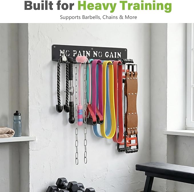WIPHANY Home Gym Accessories Organization Storage Rack Equipment For Home 8 Hook Wall Hanger Display Gear Barbells Resistance Bands Jump Ropes Lifting Belt Hanger Accessories Hardware Included