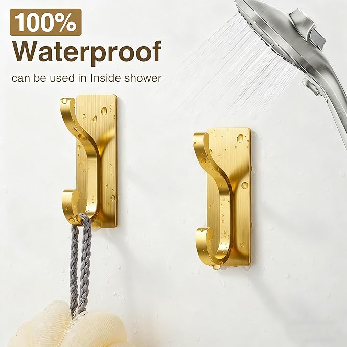pickpiff Wall Hooks with Adhesive Strip- Easy to Remove, No Residue, Strong Heavy Duty Sticky Towel Hook, 4 Pack Brushed Gold