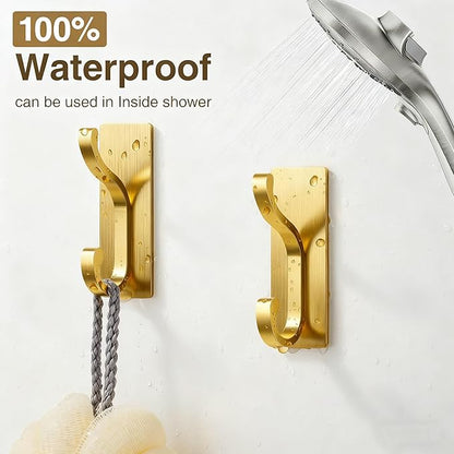 pickpiff Wall Hooks with Adhesive Strip- Easy to Remove, No Residue, Strong Heavy Duty Sticky Towel Hook, 4 Pack Brushed Gold
