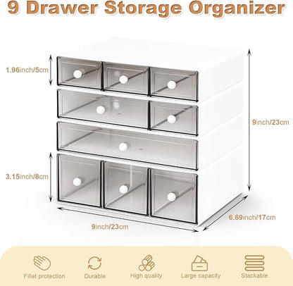 Desk Organizer with 9 Drawers, 4 Tier Plastic Stackable Storage Drawers for Desk Storage, Office Stationary Makeup Organizer Suit for Home, Office and School