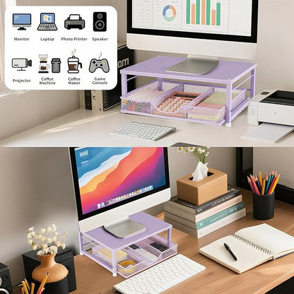 Small Laptop Stand for Desk, Monitor Stand, Office Desk Accessories, Computer Desktop Stand with Drawer for Home, Office, School (Purple)