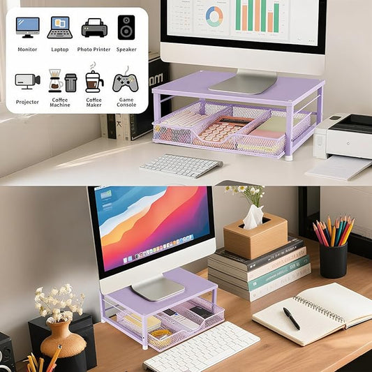Small Laptop Stand for Desk, Monitor Stand, Office Desk Accessories, Computer Desktop Stand with Drawer for Home, Office, School (Purple)