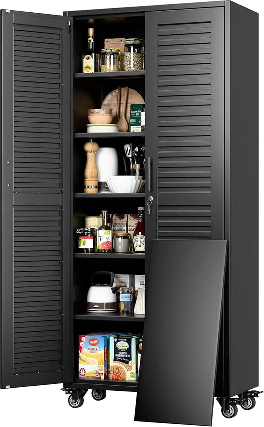 Garage Storage Cabinet with Wheels & Pegboard, Lockable Metal Storage Cabinet with Doors and 5 Adjustable Shelves for Garage, Home, Assembly Required, Black, 70.87" H x 31.5" W x 15.75" D