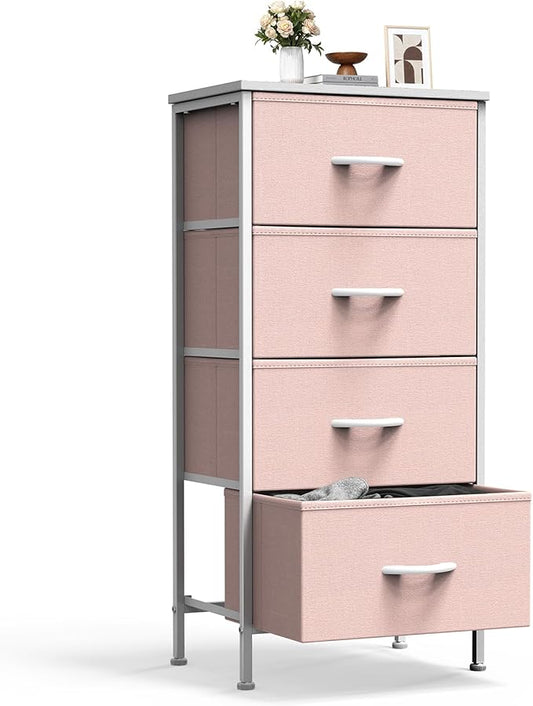 Sweetcrispy Nightstand Small Bedroom Dresser with 4 Fabric Drawers,Bed Side Furniture End Table,Wooden Top Cabinet Night Stand Dresser for Closet,Entryway,Dorm,Pink