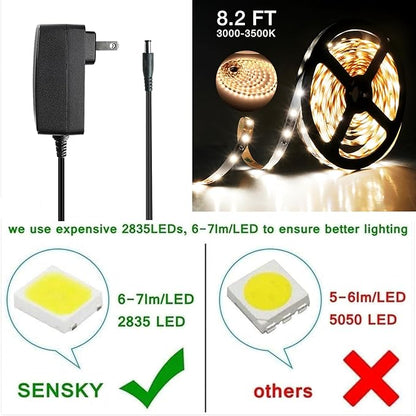Sensky Motion Sensor LED Under Cabinet Lighting Kit Extendable Under Counter LED Light with Motion Sensor, Power Adapter for Gun Safe Light, Shelf, TV Wall Lighting (8.2FT,3000-3500K)