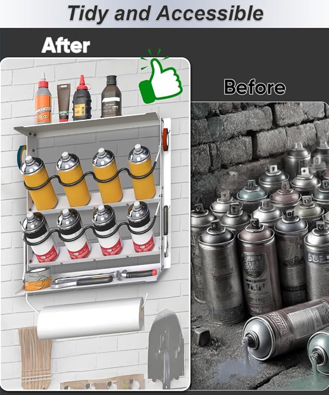 Spray Paint Can Holder with Paper Towel Holder for Home Garage Organizer, Wall Mount Paint Bottle Tool Utility Storage Rack with 8 Holes & 2 Shelf for Shop, White