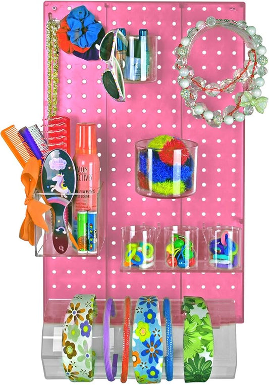 Azar Displays 900940-PNK The DIY Multi-Purpose 10-Piece Pegboard Wall Organizer Kit with One Panel and Accessory Assortment: Hooks, Bins, Headband Holder, Cylinder and Cups. Peg Wall Storage System