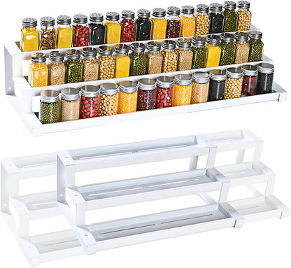 Expandable Spice Rack Organizer for Cabinet, 3 Tier Metal Spice Organization,16"-29.5" Wide Adjustable Seasoning Organizer, Display Shelf, Canned Goods Organizer for Pantry Kitchen Countertop, White