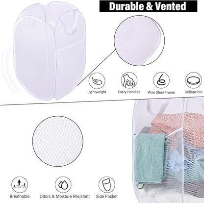 BATTOO Deluxe Strong Mesh Pop up Laundry Hamper Basket with Side Pocket for Laundry Room, Bathroom, Kids Room, College Dorm or Travel 3 Pack White