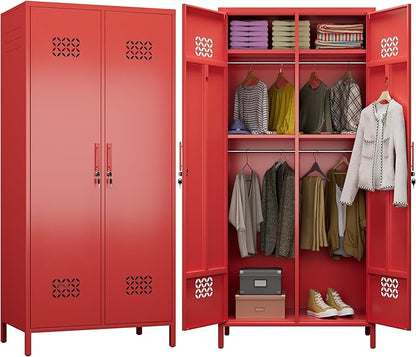 Aobabo Metal Wardrobe Closet with 2 Doors, Metal Wardrobe Cabinet with 4 Adjustable Shelves and 2 Hannging Rods, Storage Locker for Home, Red, Assembly Required