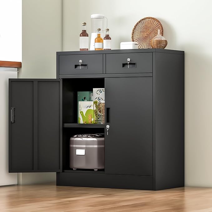 BESFUR Metal Garage Storage Cabinet with Two Lockable Drawers 2 Locking Doors and an Adjustable Shelf, 36" Black Metal Short Storage Cabinet for Home Office,Garage,School,Utility Room