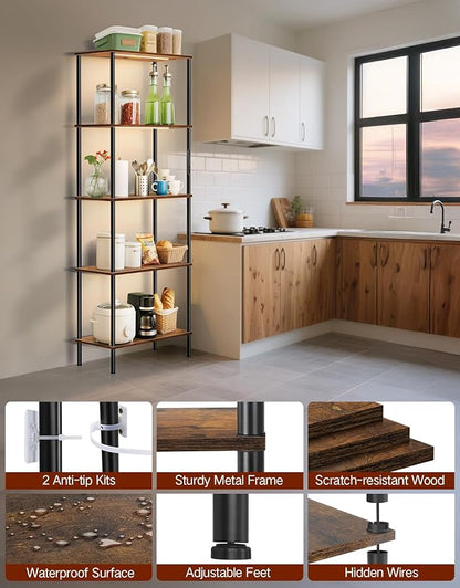 5 Tier Bookshelf with LED Light, Dimmable Bookcase with Touch & Remote Control, 3 Color Temperatures, Tall Modern Display Standing Shelf for Living Room, Bedroom, Home Office (Rustic Brown)
