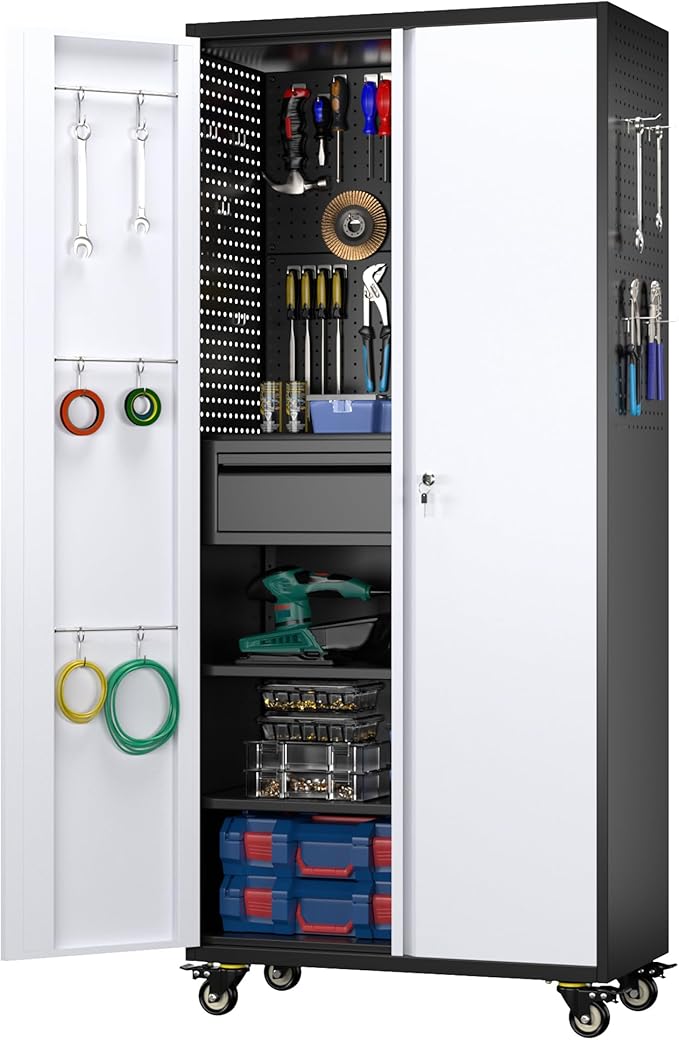 Aobabo Garage Storage Cabinet with Wheels and 1 Interior Drawer, 71" H Metal Rolling Cabinet with 16 Hooks and 2 Adjustable Shelves for Garage, Home, Office, Kitchen, Assembly Required, Black Gray