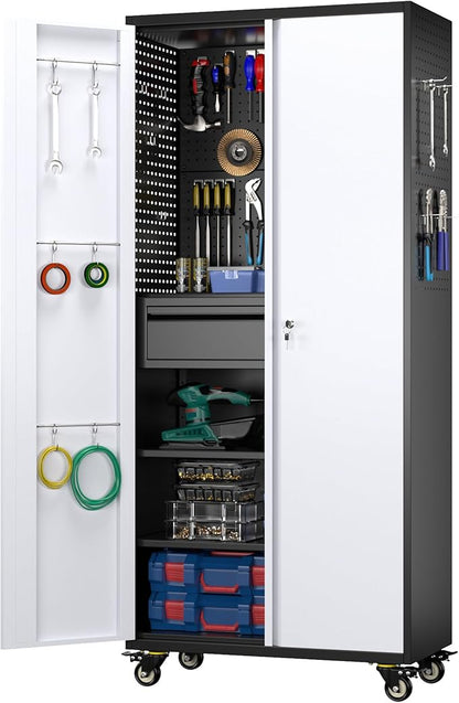 Aobabo Garage Storage Cabinet with Wheels and 1 Interior Drawer, 71" H Metal Rolling Cabinet with 16 Hooks and 2 Adjustable Shelves for Garage, Home, Office, Kitchen, Assembly Required, Black Gray