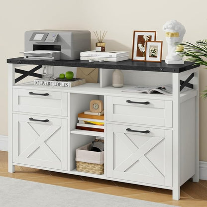 Lateral File Cabinets 4 Drawers with Open Storage Shelf, Farmhouse Filing Cabinet with Adjustable Shelf for Home Office, Filing Organization Storage Cabinets for Hanging Files Letter/A4. Black