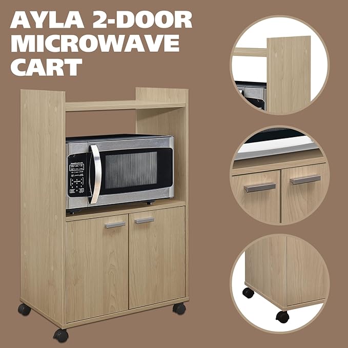 Kings Brand Furniture Ayla Microwave Cabinet with Storage and Upper Shelf for Kitchen Appliances - 2 Door Cabinet Kitchen Storage Cart - Wood Kitchen Cart with Lockable Castors Wheels - Beech