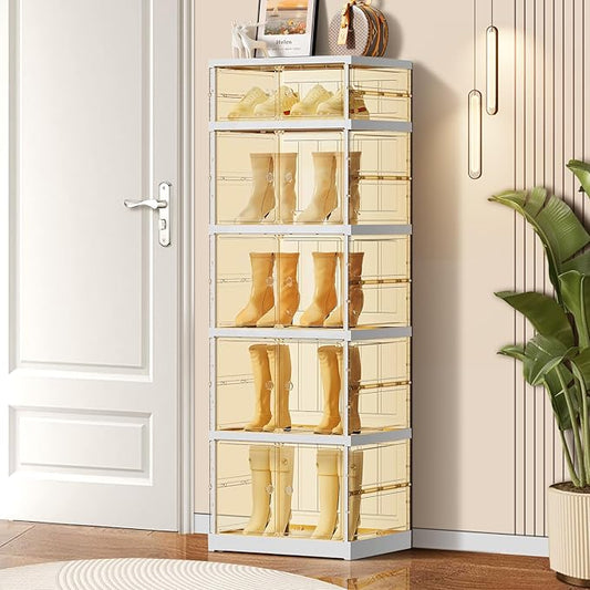 5-Tier Foldable Shoe Rack for Closet Entryway 5-10Pairs,Stackable Clear Shoe Storage Boxes Organizer with Door Plastic Shoe Cabinet Bins with Lids Shoes Shelf Easy Assembly Large