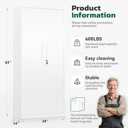 Greenvelly Metal Storage Cabinet, 63" H Locking Metal Storage Cabinet with Doors and 4 Shelves, Lockable Steel Cabinets for Kitchen, Bedroom, Living Room, Office (White)