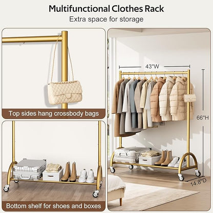 MISSLO Heavy Duty Clothing Rack with Wheels Rolling Clothes Racks for Hanging Clothes, Coats, Garment, Dress, Gold