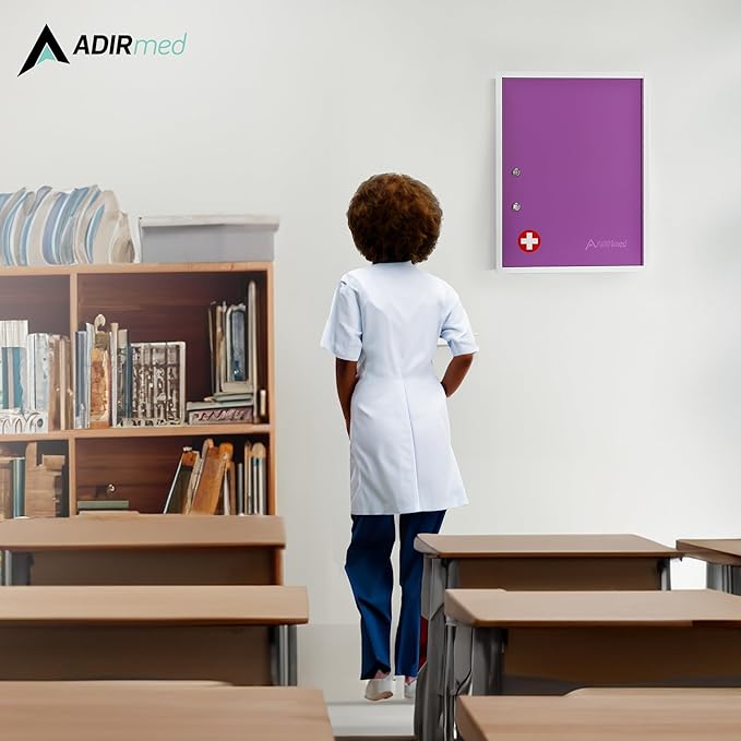 AdirMed Locking Medicine Cabinet Wall Mounted First Aid Cabinet with Lock, Lockable Wall Medicine Cabinet with Dual Lock and Dual Keys, 21" H x 16" W x 6" D, Purple