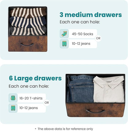 OLIXIS Dresser for Bedroom, Drawer Dresser Organizer Storage Fabric Storage Tower, Chest of Drawers with 9 Easy Pull Fabric Bins, Steel Frame, Wood Top for Living Room, Closet, Entryway, Hallway