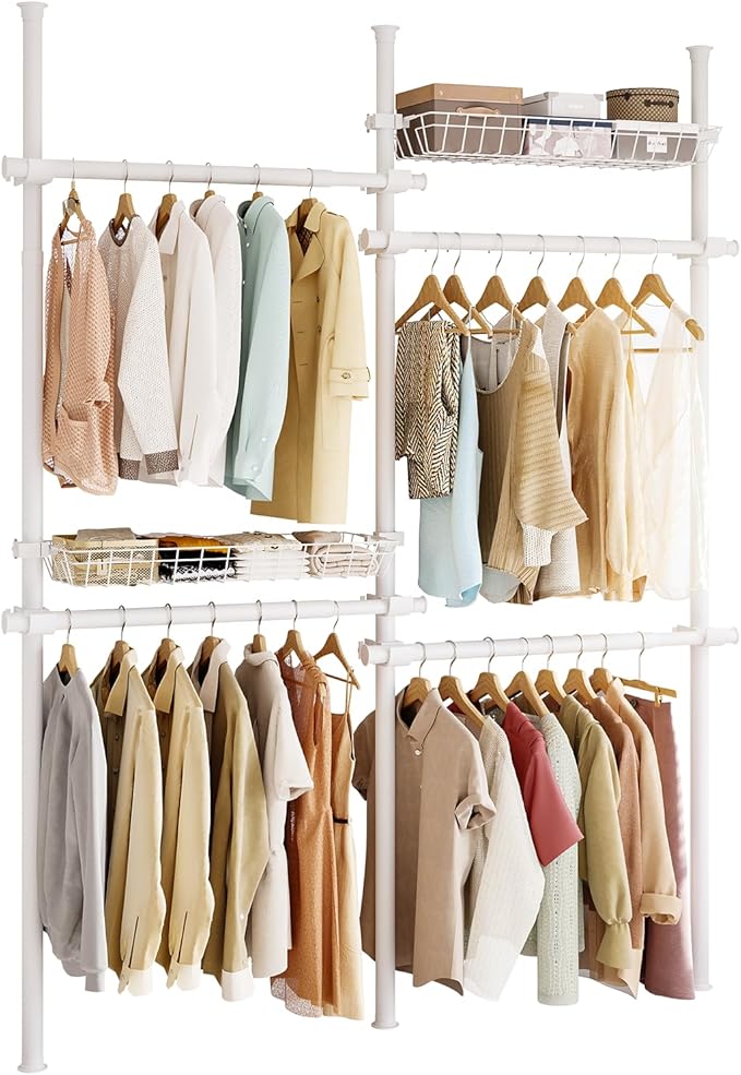 Floor-to-Ceiling Clothing Rack with 2 Wire Storage Baskets, 4 Hanging Rods, Adjustable Tension Closet Organizer for Bedroom, Walk-In Closet, Laundry Room, 4-Pole, White
