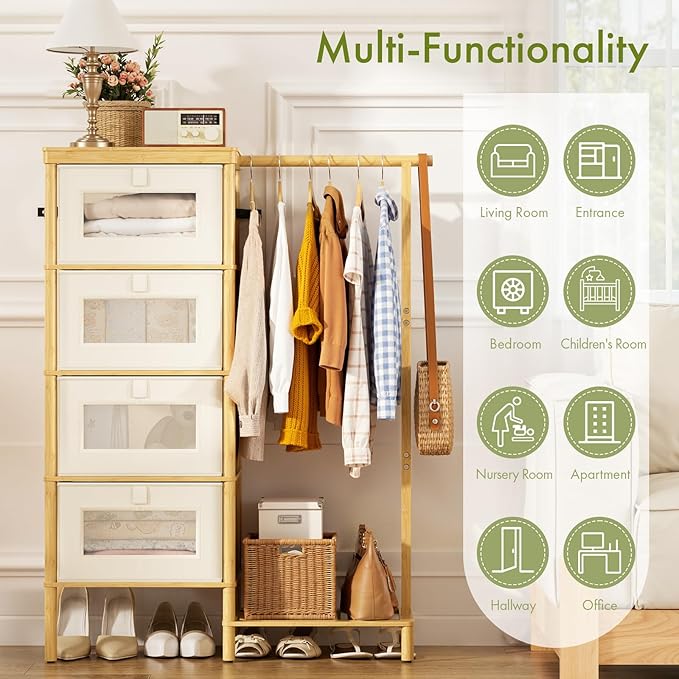 Bamboo Dresser with Hanging Rack, 4-Drawer Small Closet Organizer for Bedroom, Tall Storage Tower with Clothes Rack, Natural Wood 41.4" H x 31.3" W–Space-Saving Design, Easy Assembly