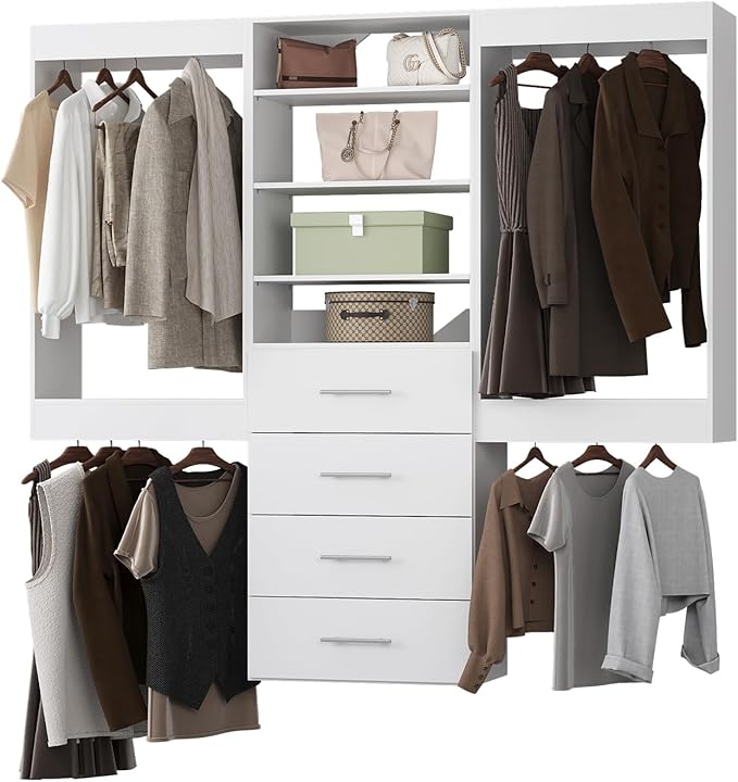 Modular Closet System, 102" Wide Closet Organizer System with Hanging and Drawers, Wood Tower Closet Storage for Walk In Closets, Wall Mounted Wardrobe Organizer Kit System, Bedroom, White