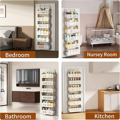 Over The Door Organizer with 6 Large Pockets, Over the Door Storage 12 Side Pockets, Hanging Door Organzier 44 lb Load Behind Door Storage Hanging Shelf for Closet Wall Bathroom Nursery, 6-Tier Beige