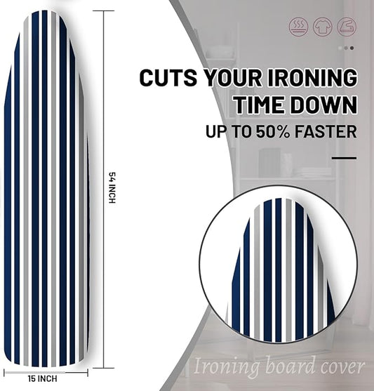 Extra Thick Ironing Board Cover and Pad, Navy Blue and Gray Stripes 15x54 Ironing Board Cover, Resist Scorching and Staining,Elastic Edges,Striped Boho Minimalist Modern