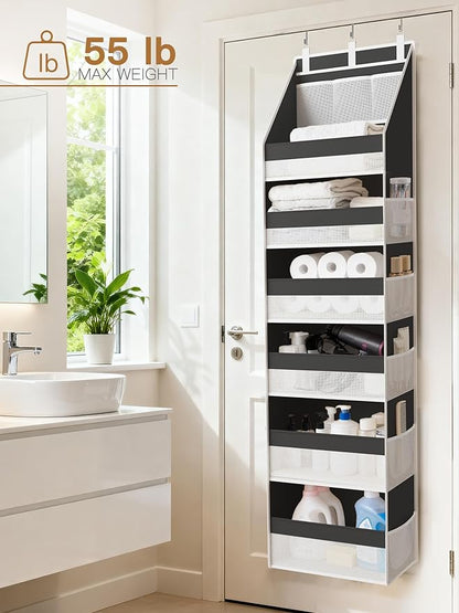 Criusia Over the Door Organizer, Heavy-Duty 6-Shelf Hanging Storage with 13 Mesh Pockets, 55lbs Capacity Behind the Door Storage for Nursery, Bathroom, Bedroom, and Dorm, Black