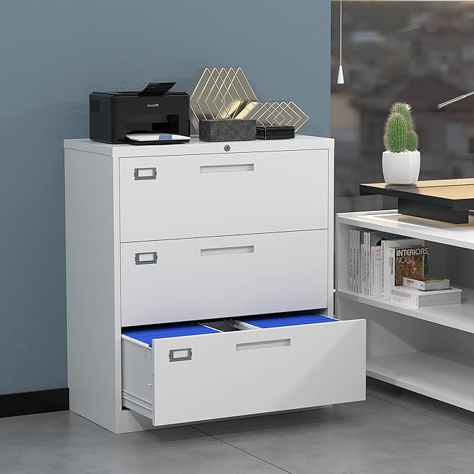 MIIIKO 3 Drawer Lateral File Cabinet with Lock, White Lateral Filing Cabinet, Large Deep Drawers Locked by Keys, Metal Storage File Cabinet for Hanging Files Letter/Legal/F4/A4 Size