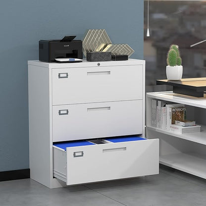 MIIIKO 3 Drawer Lateral File Cabinet with Lock, White Lateral Filing Cabinet, Large Deep Drawers Locked by Keys, Metal Storage File Cabinet for Hanging Files Letter/Legal/F4/A4 Size