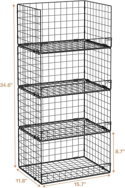 4-Tier Stackable Closet Organizers and Storage Shelves, Clothes Shelf Organizer Basket Bins, Foldable Sweater Storage for Closet Organizer System, Black (Patent Pending)