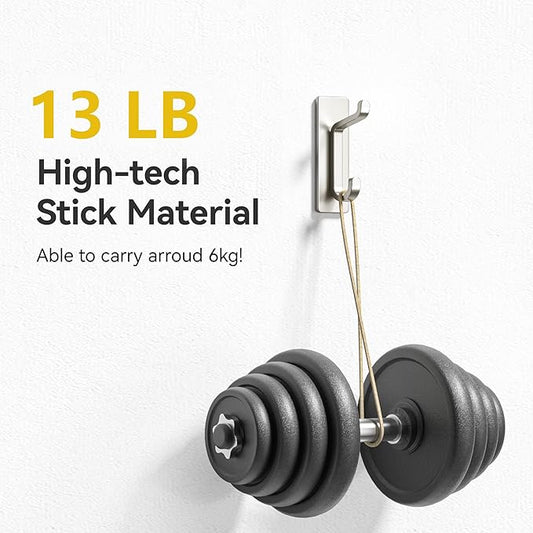 Self Adhesive Wall Hooks for Hanging: Extra Strong 13 LB, Hook for Coat, Towel in Bathrooms, Shower, Kitchen, Wall, Door Hook, Nickel Silver 6 Pack