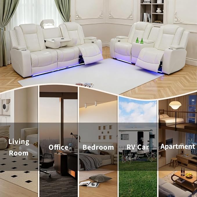 Living Room Furniture Sets with LED, Power Reclining Couch Set for Living Room, Include 1 Loveseat, 3 Seat Sofa, Modern Creamy White Leather Recliner Sofa Furniture Set for Home and Office