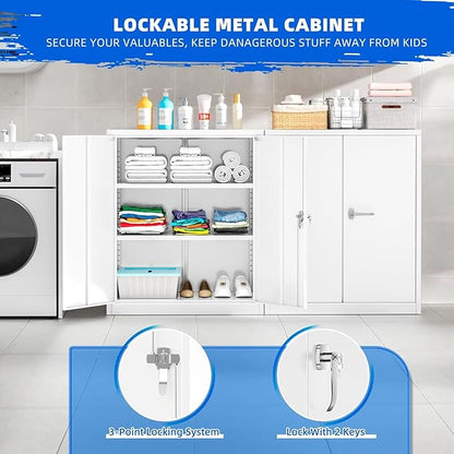 INTERGREAT Metal Garage Storage Cabinet, 36" Locking Counter Cabinet with 2 Locking Doors and 2 Adjustable Shelves, Small Steel Cabinet for for Home Office, Gym, School(White)