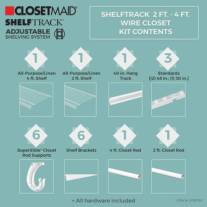 ClosetMaid ShelfTrack Wire Closet Organizer System, Adjustable from 2 to 4 Ft., With Shelves, Clothes Rods, Hardware, Durable Steel, White