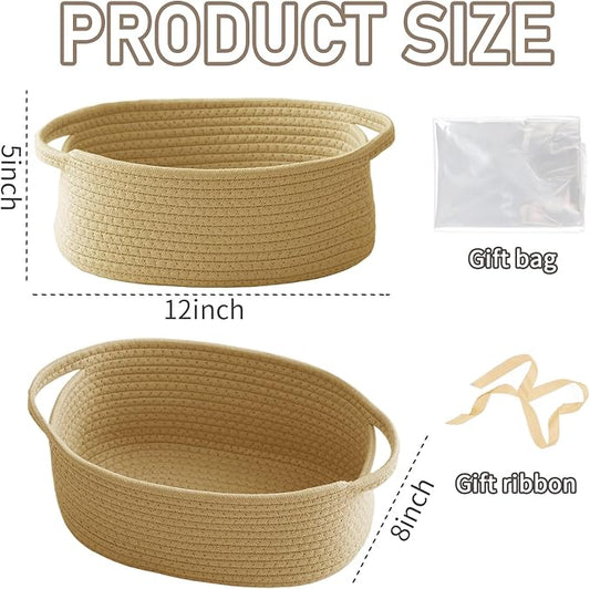 Woven Basket,Small Rope Storage Bin with Handles & Ribbon Bag, Organizer for Shelves Closets,Gift Basket Empty for Birthday,Books,Dog Toys, Jute/3 Pack