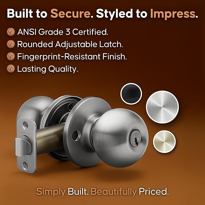 Copper Creek Entry Door Knob – Keyed Entry Handle with Lock and Key, ANSI Grade-3 Certified, DIY-Friendly Install for Interior and Exterior Entrance Doors – Satin Stainless (1 Pack)