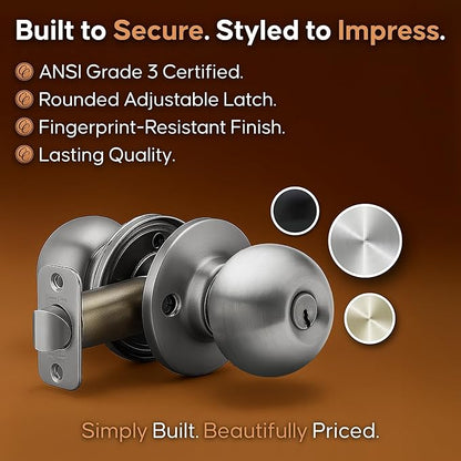 Copper Creek Entry Door Knob – Keyed Entry Handle with Lock and Key, ANSI Grade-3 Certified, DIY-Friendly Install for Interior and Exterior Entrance Doors – Satin Stainless (1 Pack)