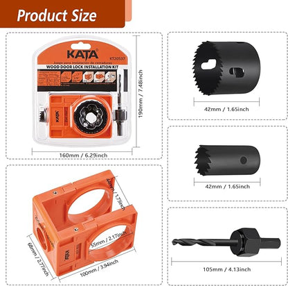 KATA 1-3/8" - 1-3/4" Door Lock Installation Kit with Large Chip-Clearance Slots, Door Lock Hole Saw for Deadbolts and Locksets for Wooden Doors with Guide Template, Carbon Steel, Orange