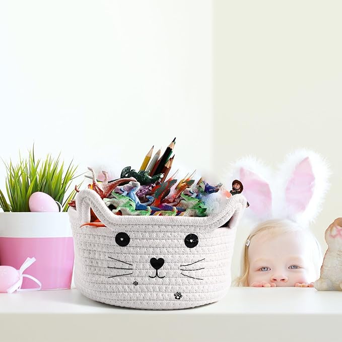 Zopeal Cat Basket Storage Woven Organizer with Ears Easter Decorative Gift Pet Toy Cute Cotton Rope Basket for Gift Cat Dog Toy Bin Nursery Room(8.3 x 4.7 Inch,White)