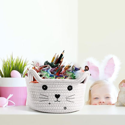 Zopeal Cat Basket Storage Woven Organizer with Ears Easter Decorative Gift Pet Toy Cute Cotton Rope Basket for Gift Cat Dog Toy Bin Nursery Room(8.3 x 4.7 Inch,White)