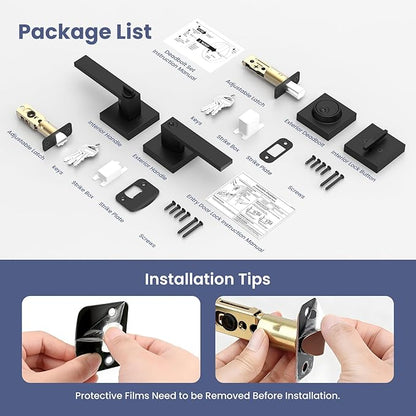 Estmoon Front Door Lock Set Exterior Door Handle, Keyed Alike Matte Black Door Locks for Front Door Heavy Duty Black Door Handle and Single Cylinder Deadbolt Lock, Garage Door Lock for Entrance,2 Pack