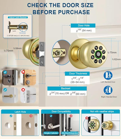 Fingerprint Door Lock, Smart Fingerprint Door Knob with Keypad, Biometric Door Lock with App Control, Auto Lock Door Lock with Code, Keyless Door Knob with Lock for Bedroom, Home,Office-Brass